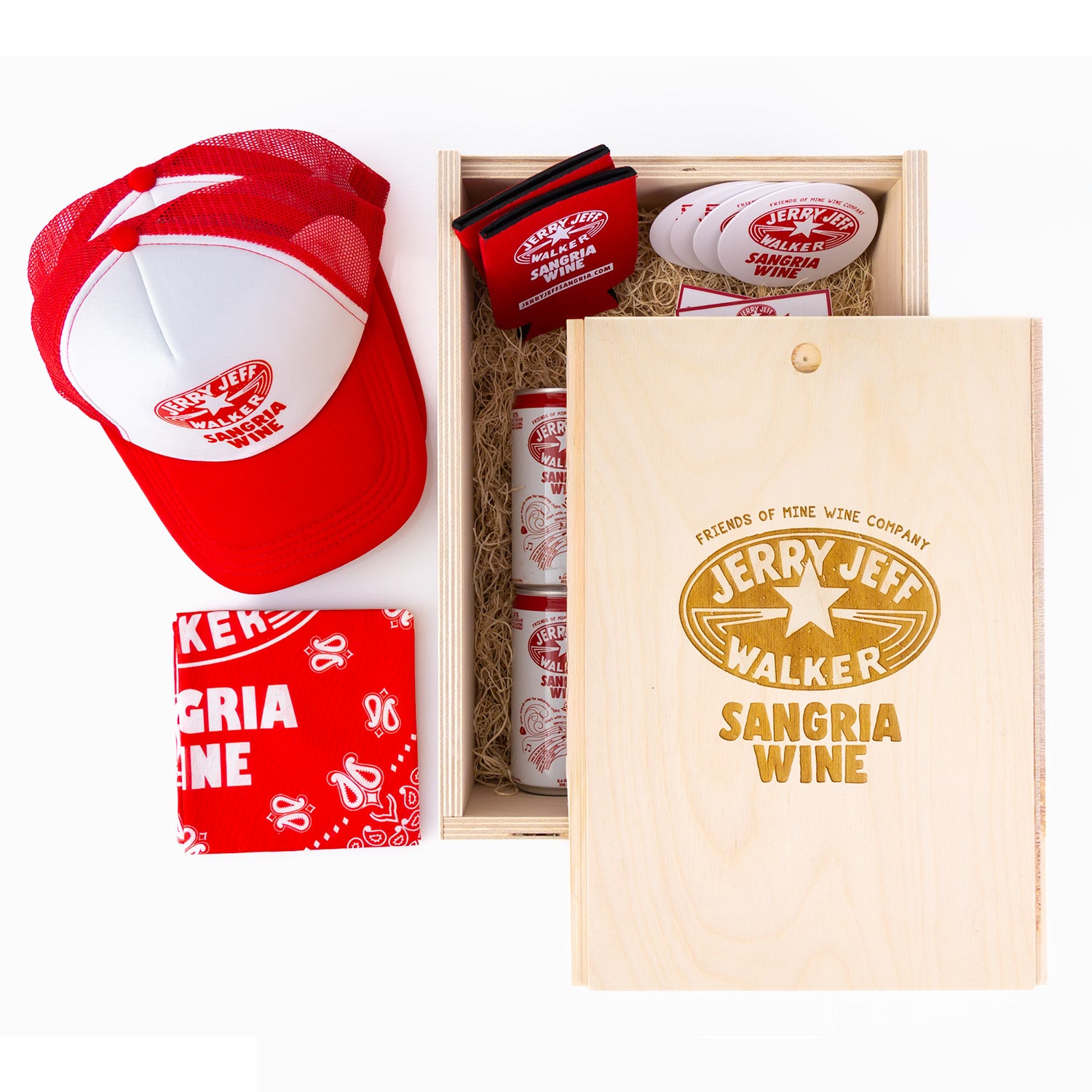 Wooden gift box with JJWSangria hats, koozies, stickers, bandana, and a 6pk Jerry Jeff Walker Sangria Wine (Bundle 1).
