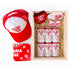 JJWSangria gift box: red/white hat, bandana, 6pk Sangria Wine, coasters & stickers in straw-filled wooden box.