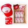 JJWSangria gift box: red/white hat, bandana, 6pk Sangria Wine, coasters & stickers in straw-filled wooden box.