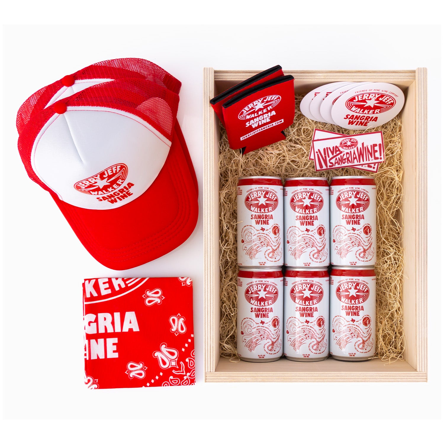 JJWSangria gift box: red/white hat, bandana, 6pk Sangria Wine, coasters & stickers in straw-filled wooden box.