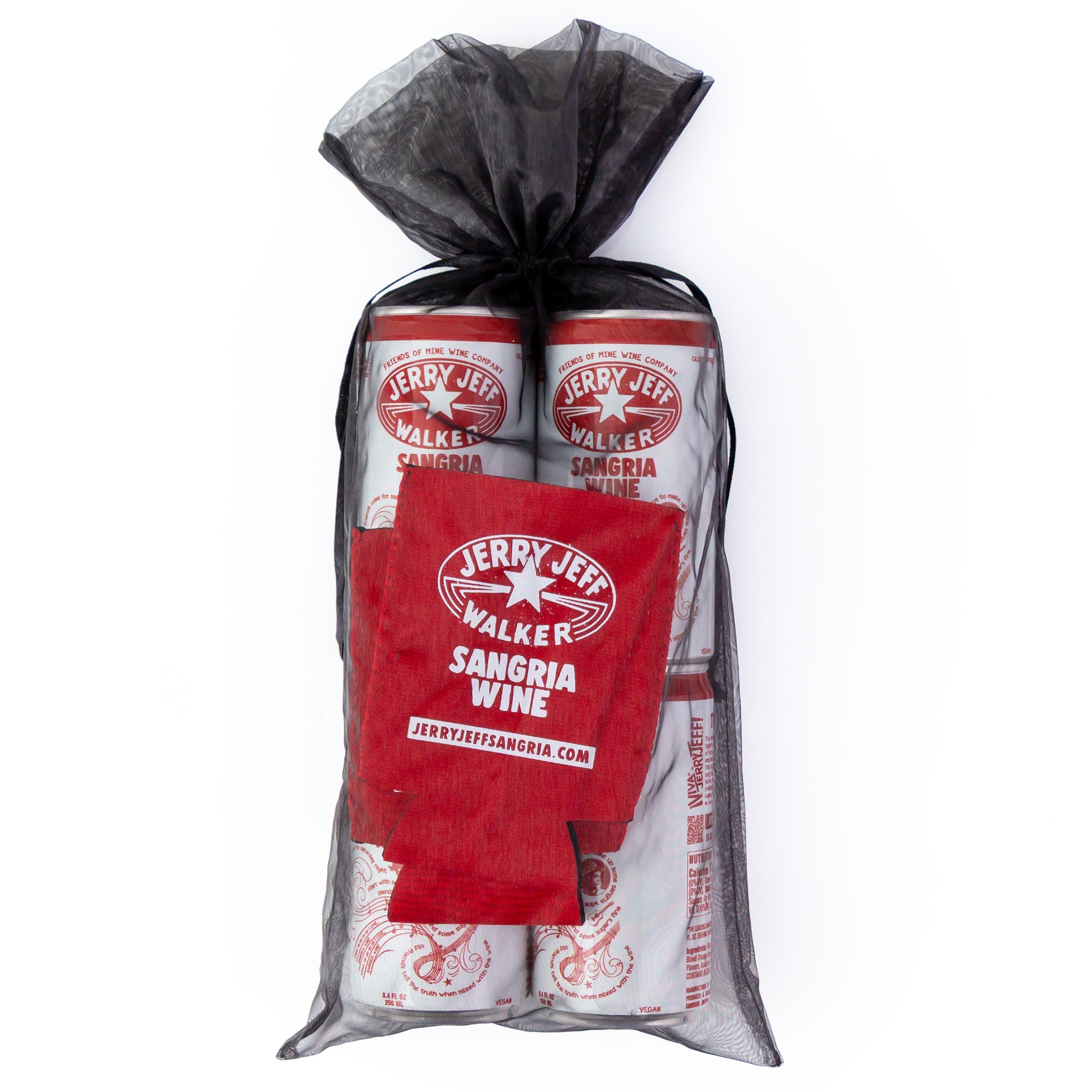 JJWSangria Jerry Jeff Walker Sangria Wine 4pk Bundle in a black mesh bag with red koozie, Austin-inspired style.