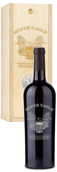 A Silver Eagle Napa Red Blend wine set sits in front of a box decorated with an eagle emblem.