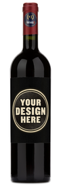 A Catena Malbec wine bottle with a blank black label showing YOUR DESIGN HERE in bold white letters.