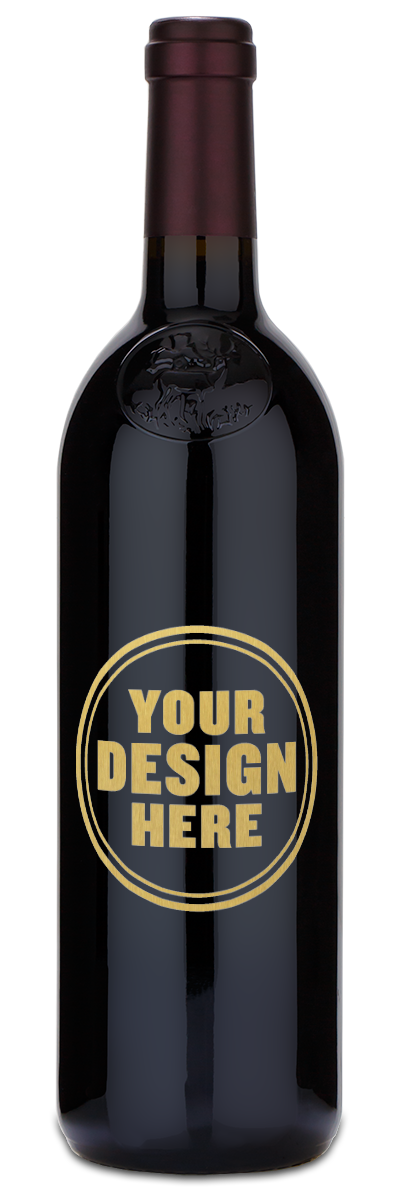 Cabernet Sauvignon bottle with a blank label displaying YOUR DESIGN HERE in gold text.