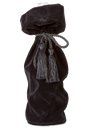 A black velvet wine gift bag with a rope tie and tassels is shown, designed for gifting wine bottles.