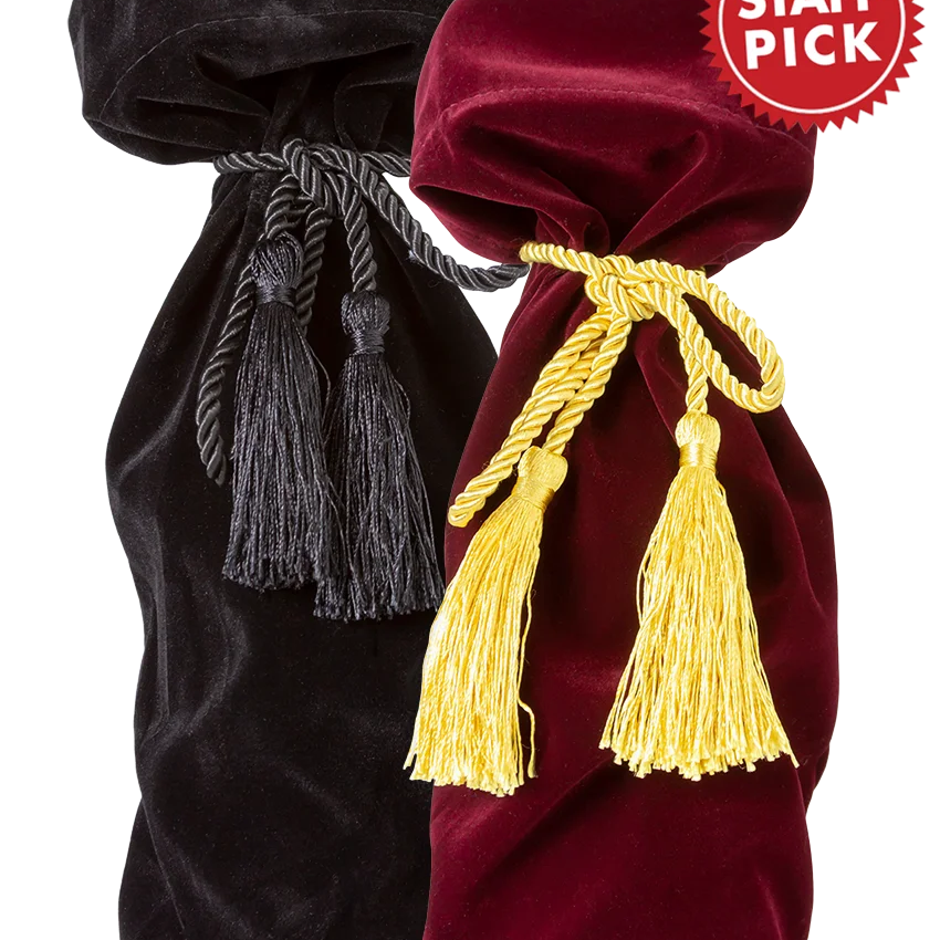 Gift wine in style with personalwines Velvet Wine Gift Bags—black & red, each with tassels, perfect for any occasion.