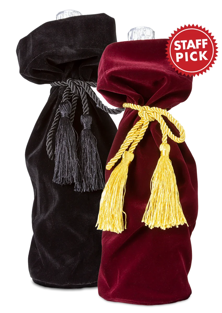 Gift wine in style with personalwines Velvet Wine Gift Bags—black & red, each with tassels, perfect for any occasion.
