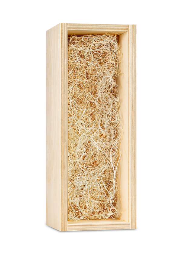 A single-bottle wood wine box with custom engraving, shown open and filled with light shredded paper packing.