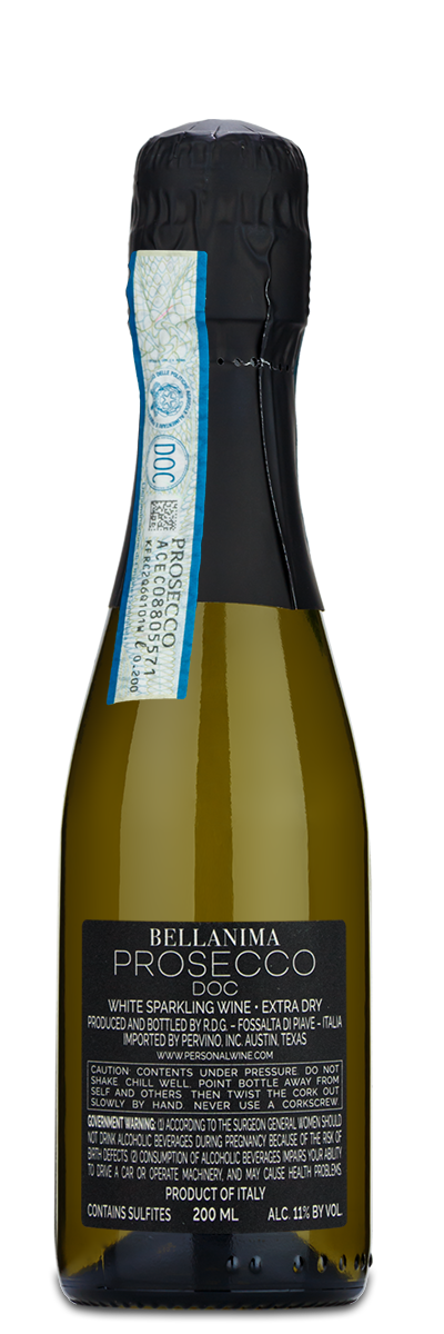 A 187ml Bellanima Prosecco Mini with a black label and blue seal containing sparkling Italian prosecco.