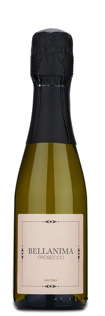 A small Bellanima Prosecco bottle with a gold label and black foil around the neck.