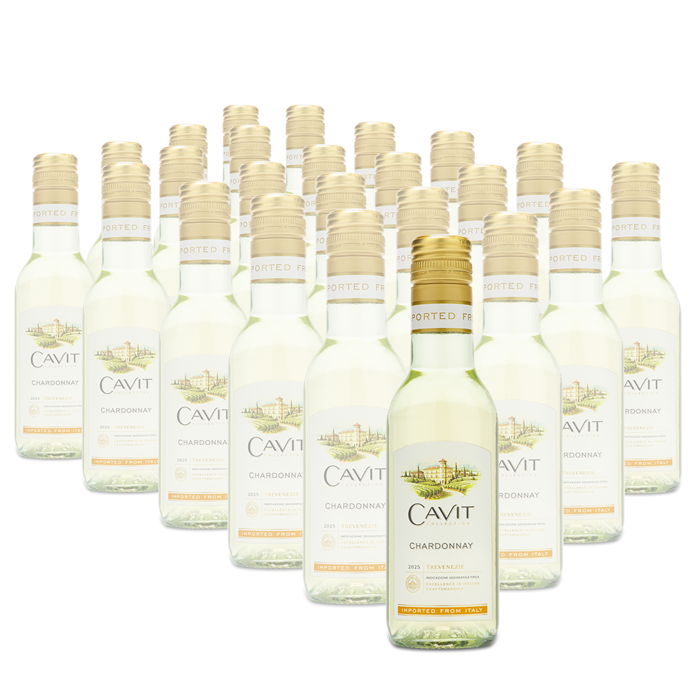 Multiple bottles of Cavit Chardonnay mini bottles arranged on a white background