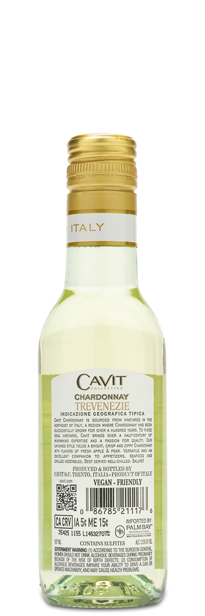 Cavit Chardonnay Mini Bottle showing Winery Back Label.