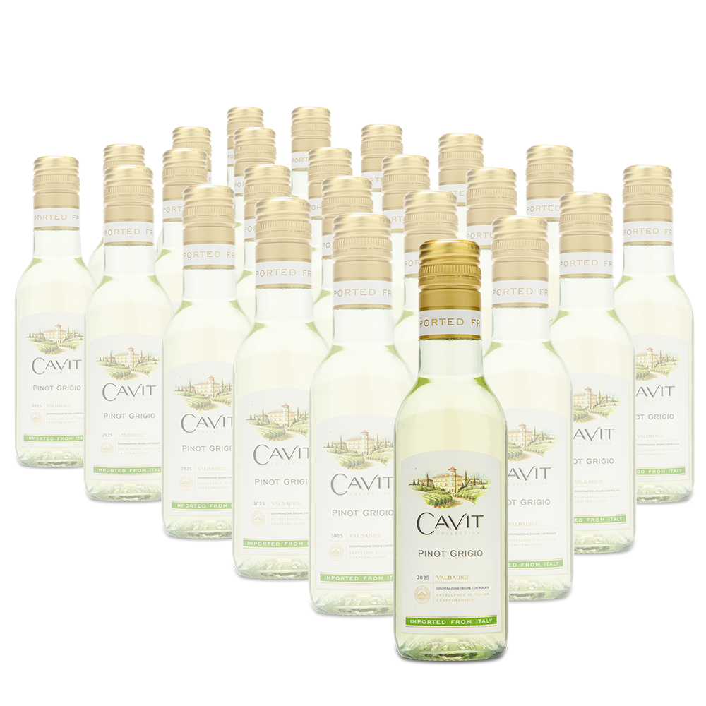 Multiple bottles of Cavit Pinot Grigio arranged in rows on a white background