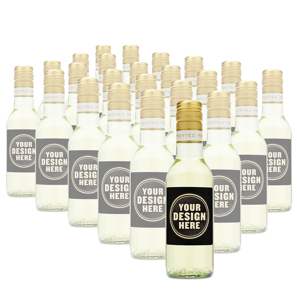 24 Cavit Pinot Grigio mini bottles with custom label example that says "Your Design Here."