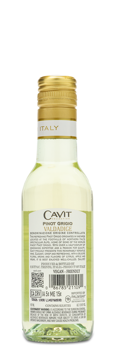 Cavit Pinot Grigio Mini Bottle showing the winery back label.