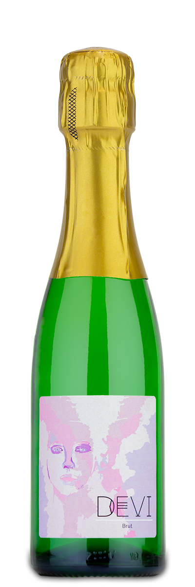 Green Devi Blanc de Blancs mini wine bottle with gold foil top and abstract face label.
