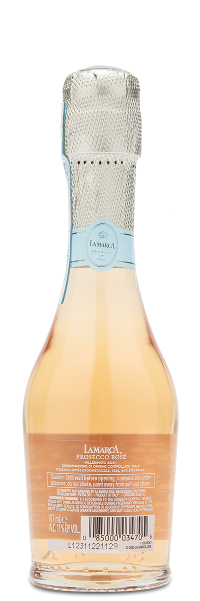 Mini Bottle of LaMarca Rose showing the winery back label.