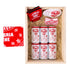 A gift box containing six bottles of JJWSangria wine, a red bandana, stickers, and a red coaster.