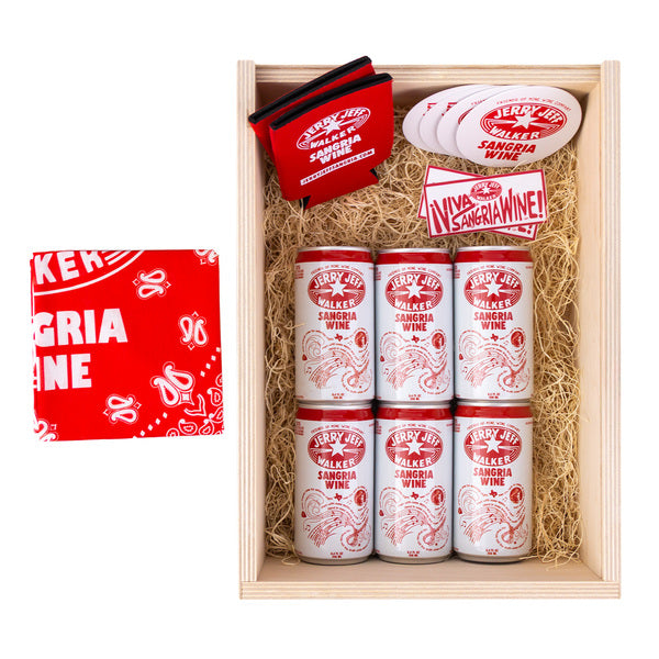 A gift box containing six bottles of JJWSangria wine, a red bandana, stickers, and a red coaster.