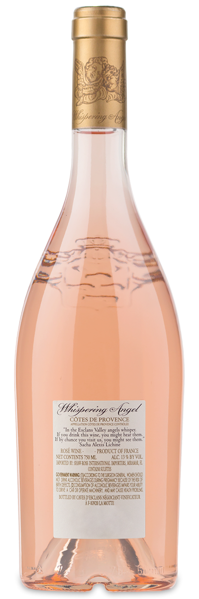 A clear bottle of cavesdesclans Château dEsclans Whispering Angel Côtes de Provence Rosé with a custom label.