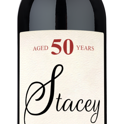 A wine label reading Stacey, 50 years, Cabernet Sauvignon, vintage 1976 with custom birthday details.
