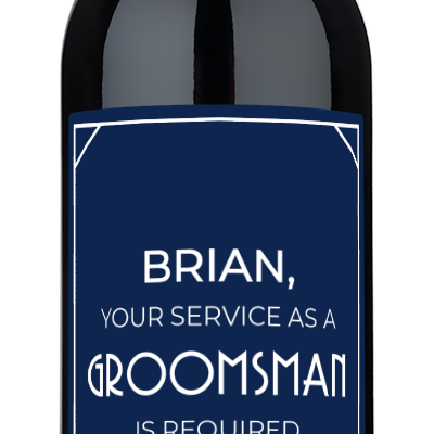 Wine bottle labeled Groomsman Proposal with the name Brian and date 10.10.24 visible on the custom label.