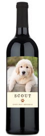 Wine bottle with a custom golden retriever photo and Scout Good Boy Reserve label.