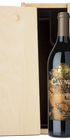 A bottle of Gaymus Vineyards California Cabernet Sauvignon next to its light natural wood presentation box on a white background.