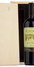 A wooden Caymus box set containing a bottle of Special Selection Cabernet.
