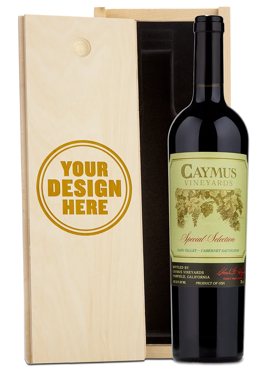 A custom-engraved wooden Caymus box set containing a bottle of Special Selection Cabernet.