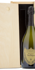 A Dom Perignon Champagne bottle displayed in a plain wooden wine box.