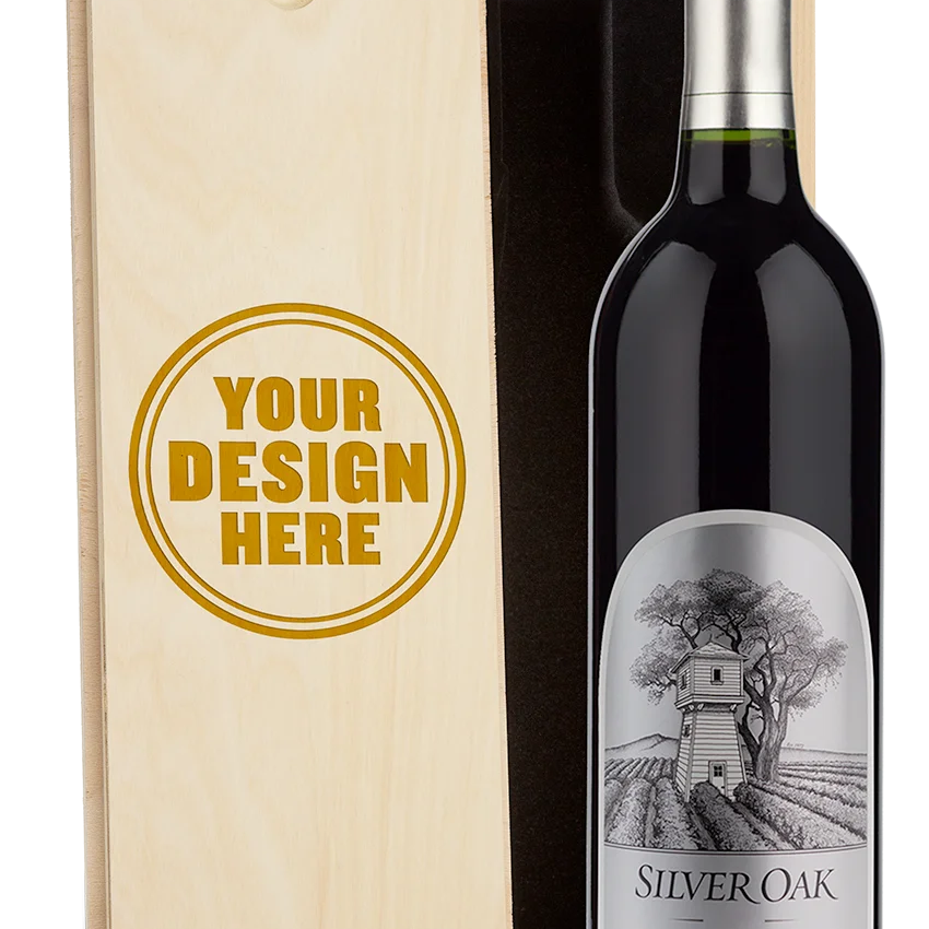 A Silver Oak Custom Wood Box Combo stands beside a box engraved with Your Design Here on the lid.