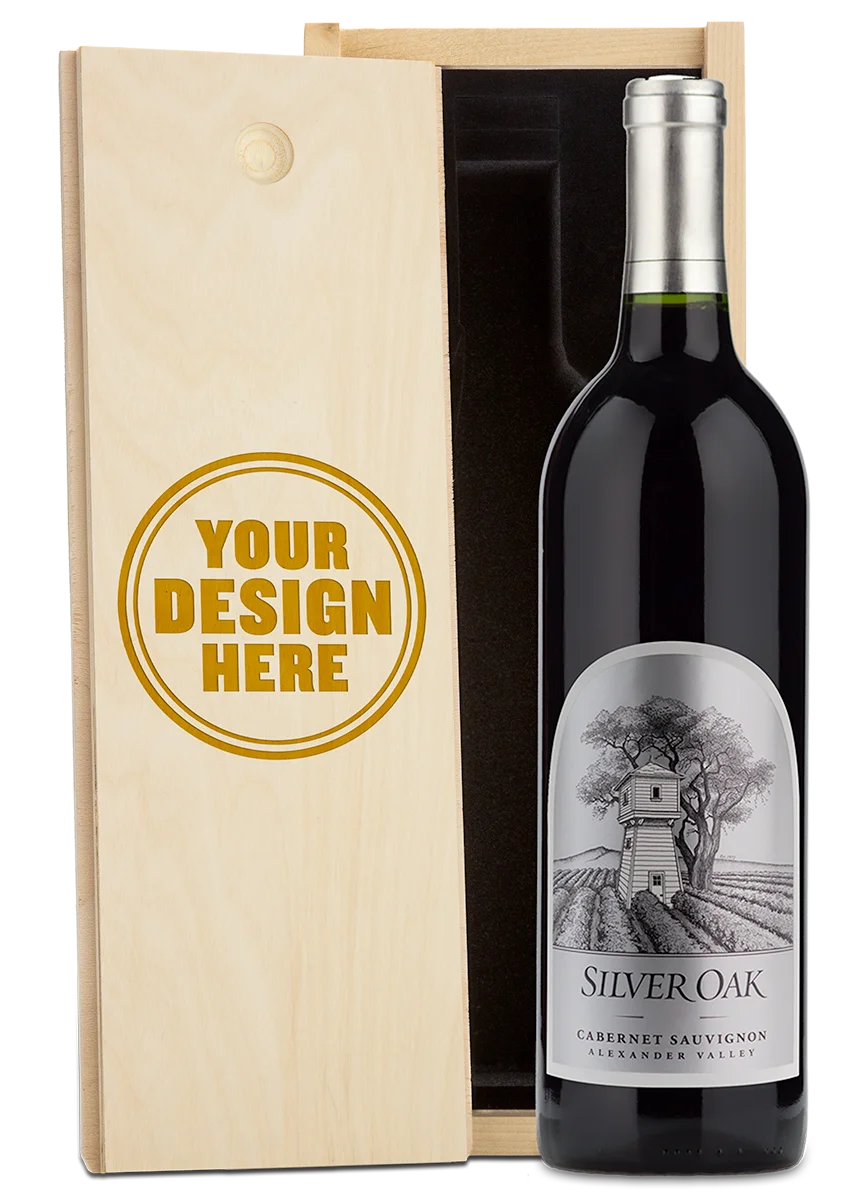 A Silver Oak Custom Wood Box Combo stands beside a box engraved with Your Design Here on the lid.