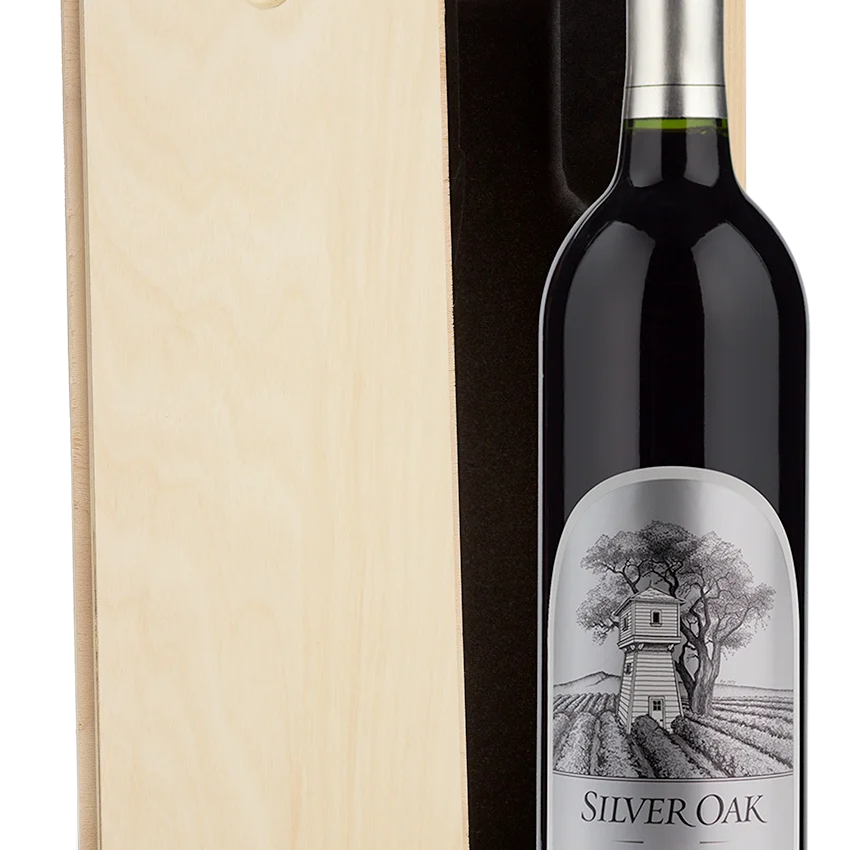 Silveroak Custom Wood Box Combo, lid open, shows vineyard label—an elegant Cabernet Sauvignon wine gift set.