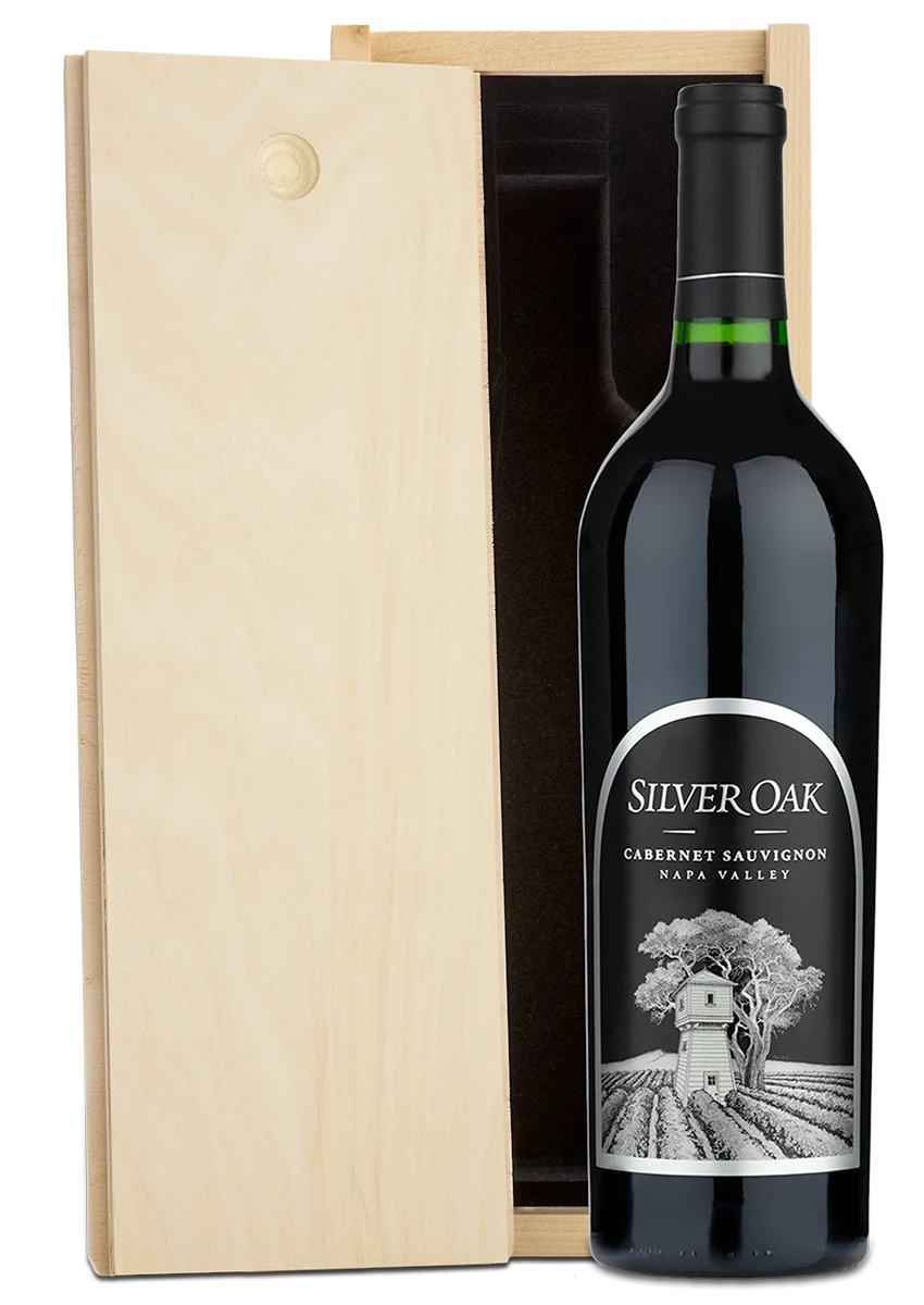 Silver Oak Custom Wood Box Combo by silveroak, featuring a bottle in a partially open engraved wood box.