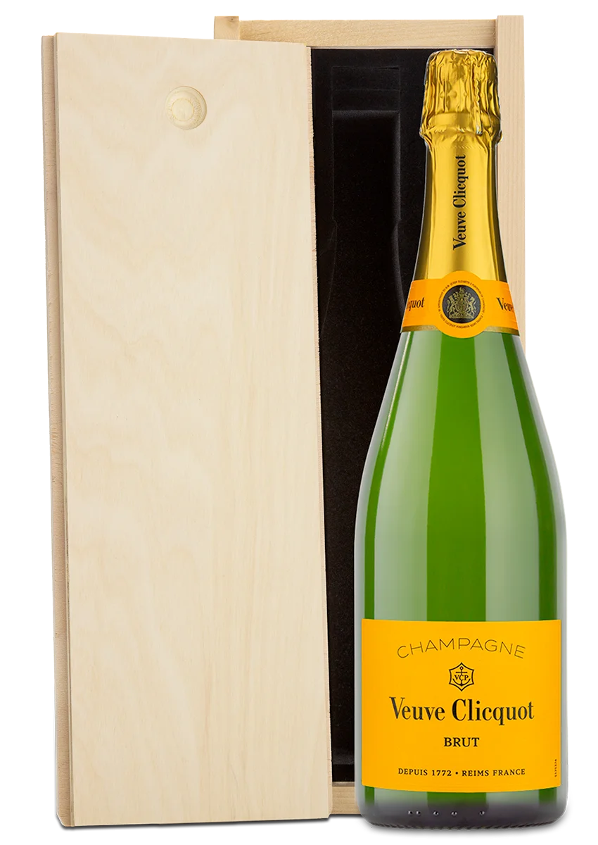 Open wood box with Veuve Clicquot Champagne bottle inside, lid propped up to display the bottle.