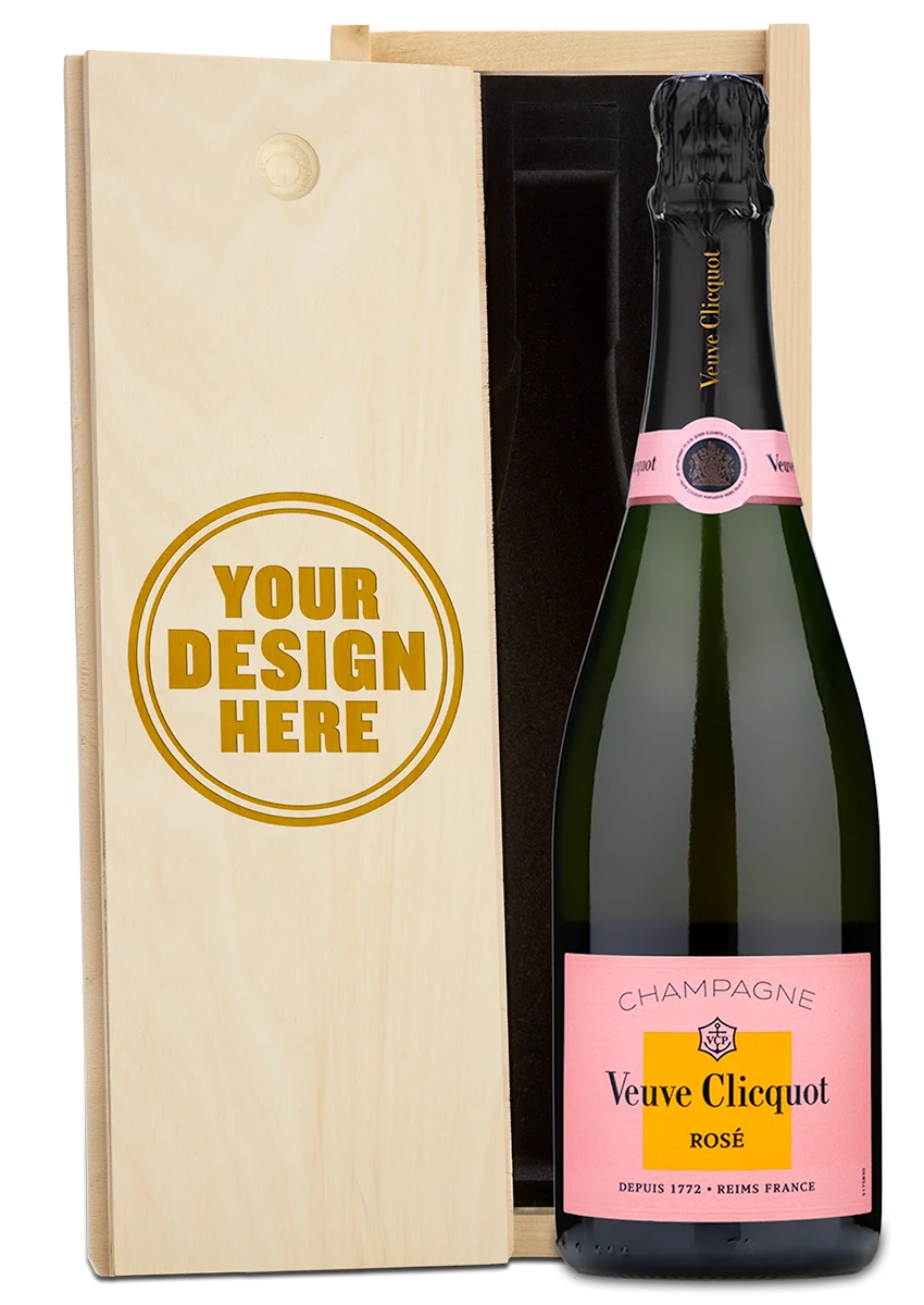 A Veuve Clicquot rose champagne bottle in a wooden box engraved with Your Design Here on the lid.
