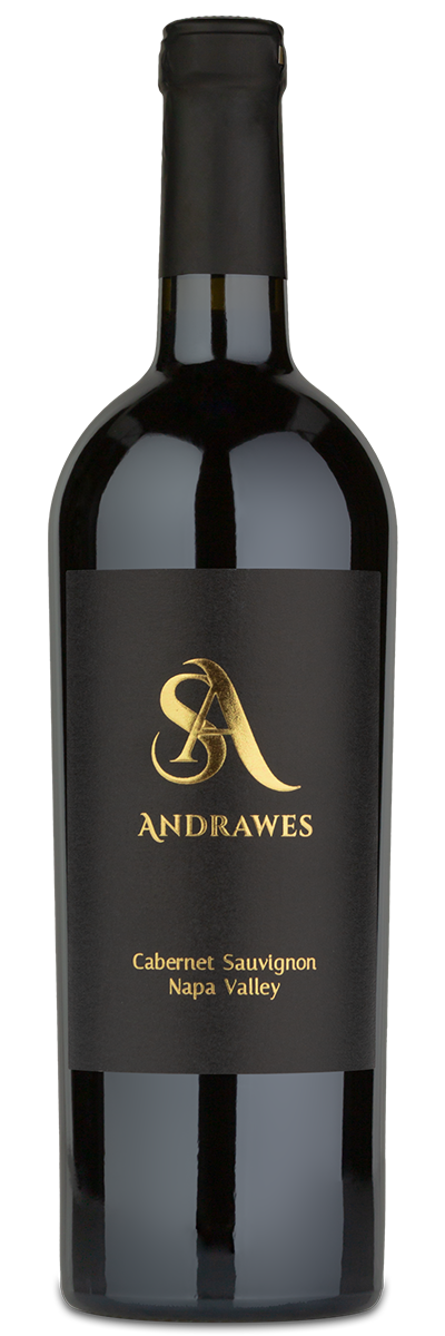 A wine bottle with a black and gold label reading Andrawes Napa Valley Cabernet Sauvignon.