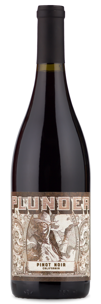 A bottle of Plunder Sonoma Coast Pinot Noir with a vintage-style label.