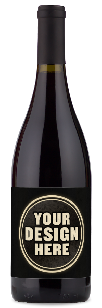 A Plunder Sonoma Coast Pinot Noir bottle with a plain black label that says YOUR DESIGN HERE in bold white letters.