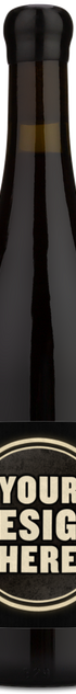 A dark glass wine bottle with a black label featuring a circular design placeholder that reads 'YOUR DESIGN HERE' in beige text, shown on a plain white background.