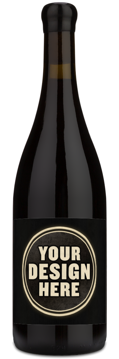 A dark glass wine bottle with a black label featuring a circular design placeholder that reads 'YOUR DESIGN HERE' in beige text, shown on a plain white background.
