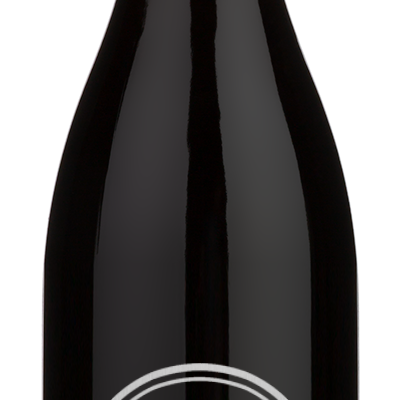 A dark glass wine bottle with a black neck and a circular white graphic label that reads 'YOUR DESIGN HERE' on a plain white background.