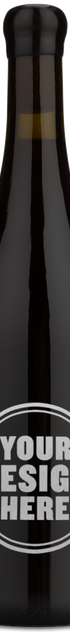 A dark glass wine bottle with a black neck and a circular white graphic label that reads 'YOUR DESIGN HERE' on a plain white background.