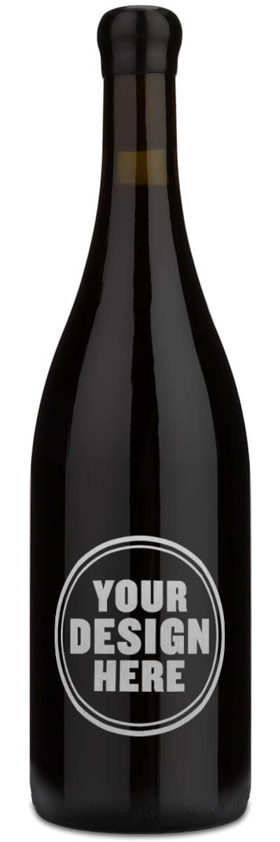 A dark glass wine bottle with a black neck and a circular white graphic label that reads 'YOUR DESIGN HERE' on a plain white background.