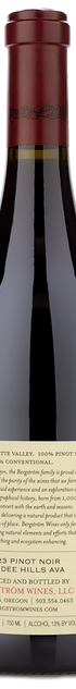 A bottle of 2023 BergstromVineyard Estate Dundee Hills Pinot Noir with a beige label and producer information.