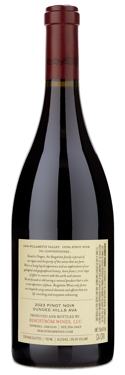 A bottle of 2023 BergstromVineyard Estate Dundee Hills Pinot Noir with a beige label and producer information.