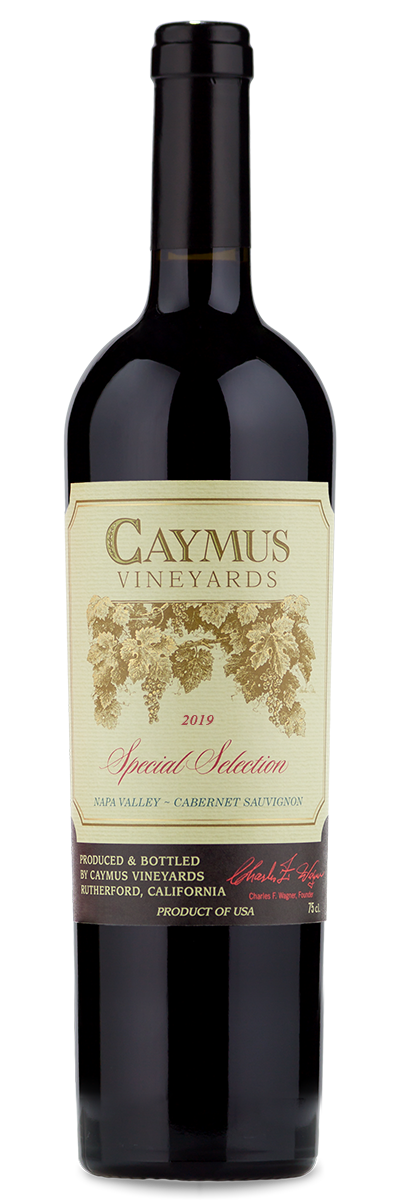 A bottle of 2019 Caymus Special Selection Cabernet Sauvignon wine.
