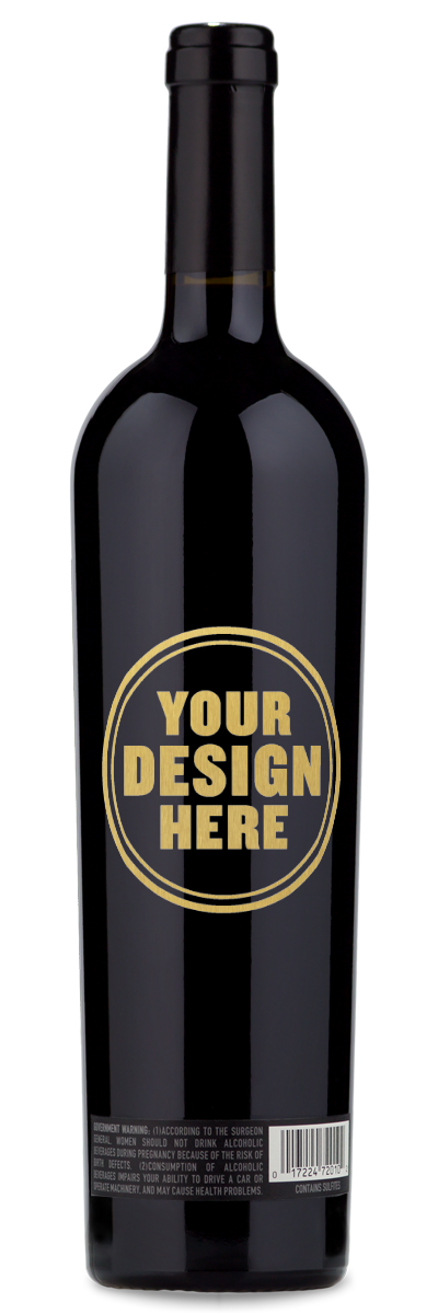 A 2019 Caymus Special Selection Cabernet Sauvignon bottle with a blank label reading YOUR DESIGN HERE in gold letters.
