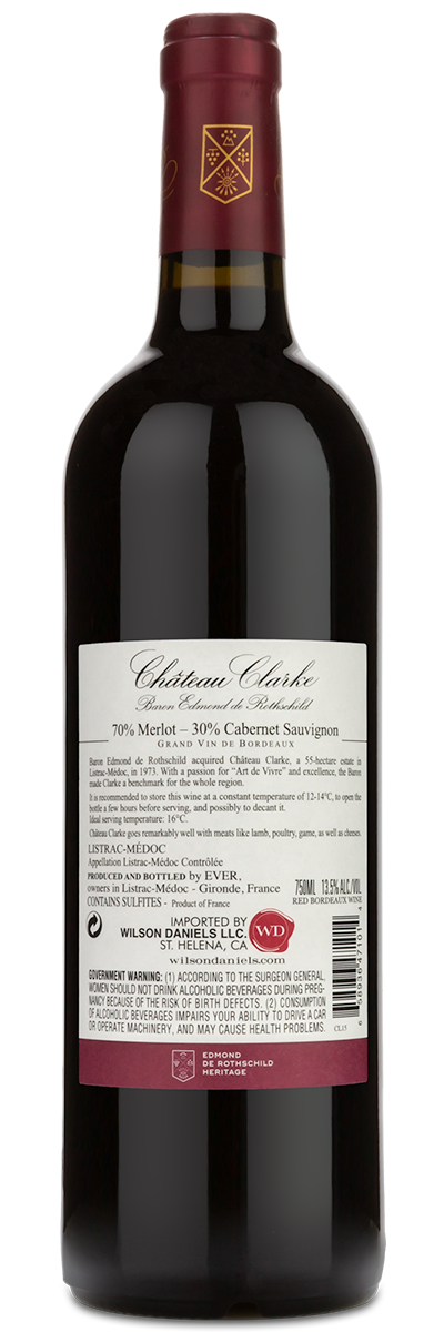 A 2015 Chateau Clarke Red Blend by ever with red foil top, showing the back label and wine details.
